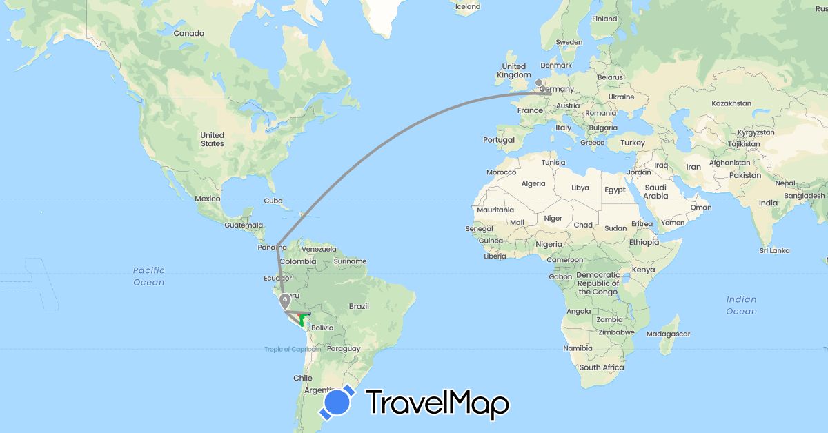 TravelMap itinerary: driving, bus, plane, hiking in Germany, Netherlands, Panama, Peru (Europe, North America, South America)